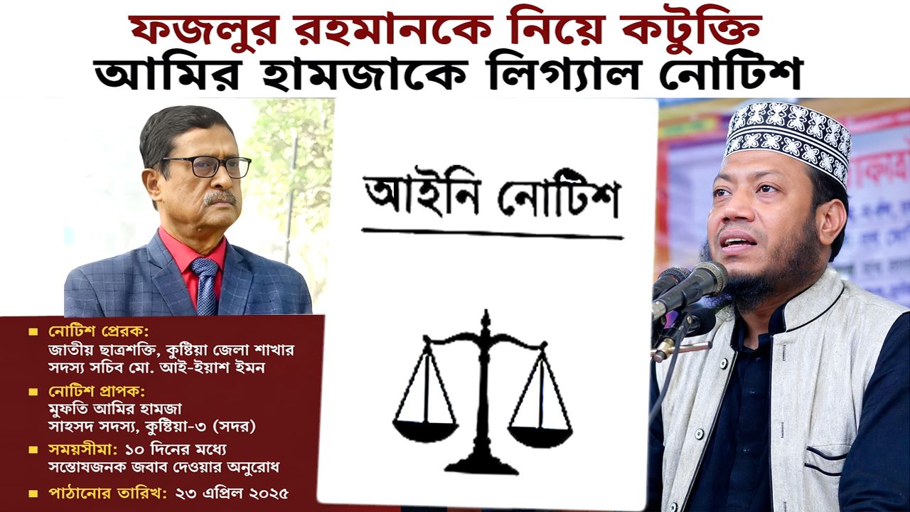 ফজলুর রহমানকে নিয়ে কটূক্তি: কুষ্টিয়ার এমপি আমির হামজাকে লিগ্যাল নোটিশ 