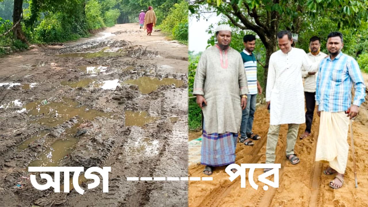 জামতলা-বাদাঘাট সড়কের বেহাল দশা, নিজ উদ্যোগে সংস্কারে বিএনপি নেতা শফিকুল ইসলাম