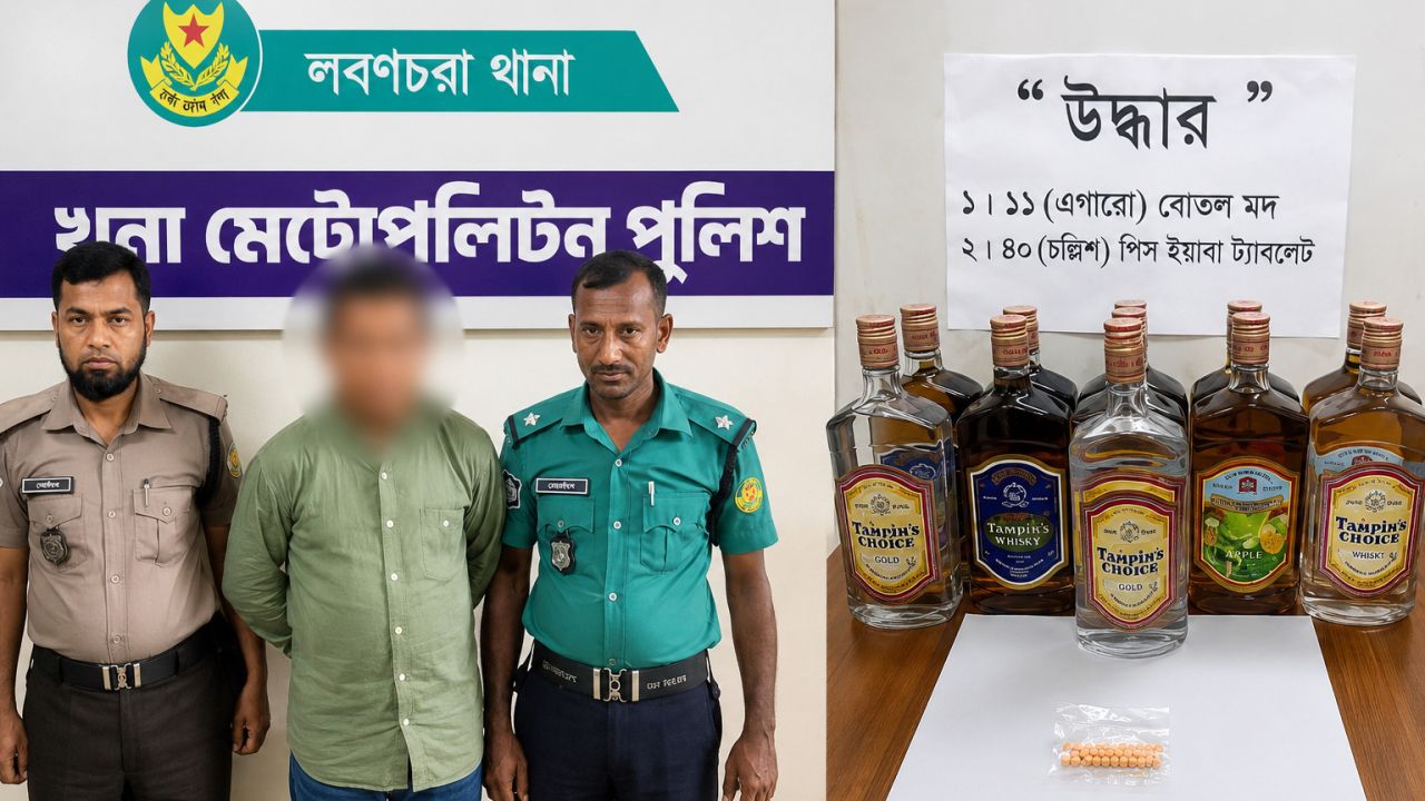 খুলনায় ১১ বোতল মদ ও ৪০ ইয়াবাসহ মাদক কারবারি গ্রেফতার